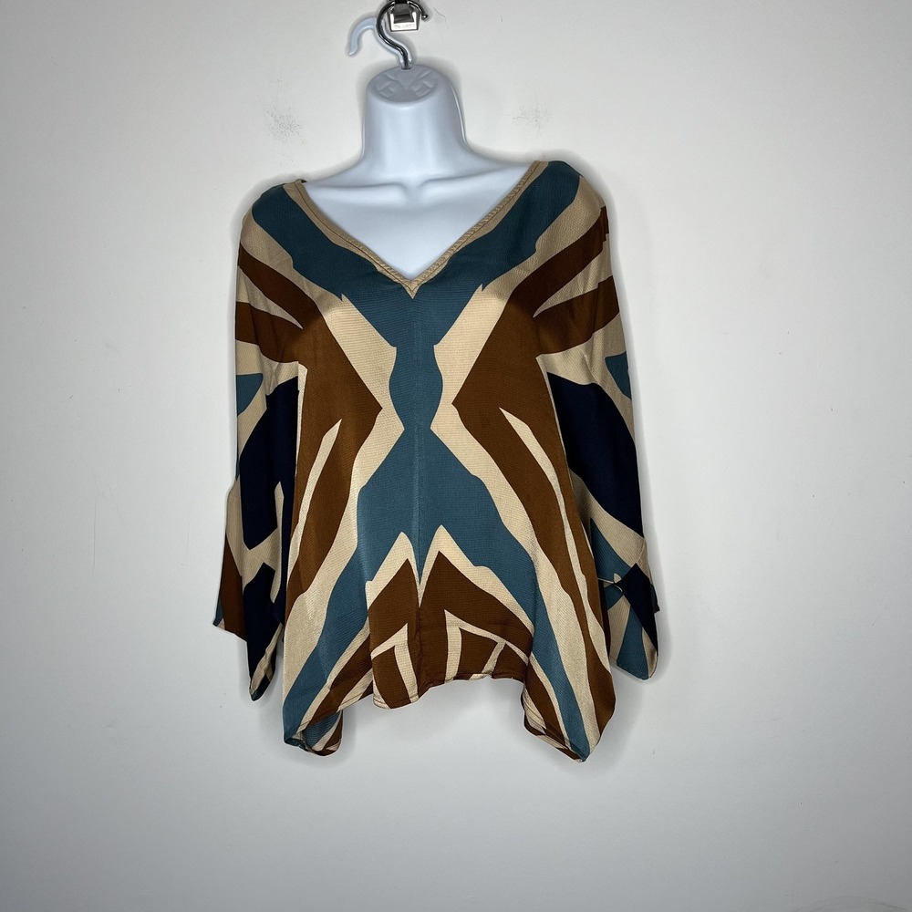 Soft Surroundings Blouse Womens Large Brown Blue Geometric V Neck‎ Boho Flowy